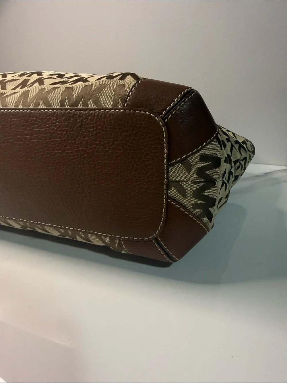 Michael Kors Tan Beige MK Signature Tote with Brown Trim
